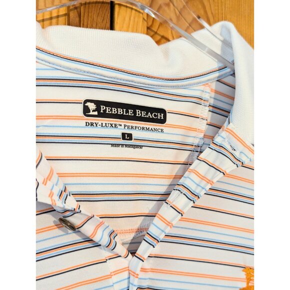 Pebble Beach Men's Golf Polo Large White Striped Short Sleeve Logo - Picture 1 of 11